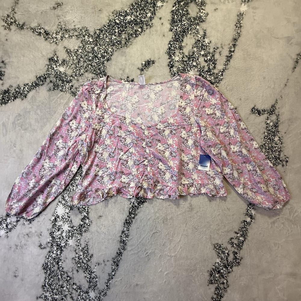 Abound Top Womens Size‎ 3X Pink Multi Floral Balloon Sleeve Ruffle Hem Crop